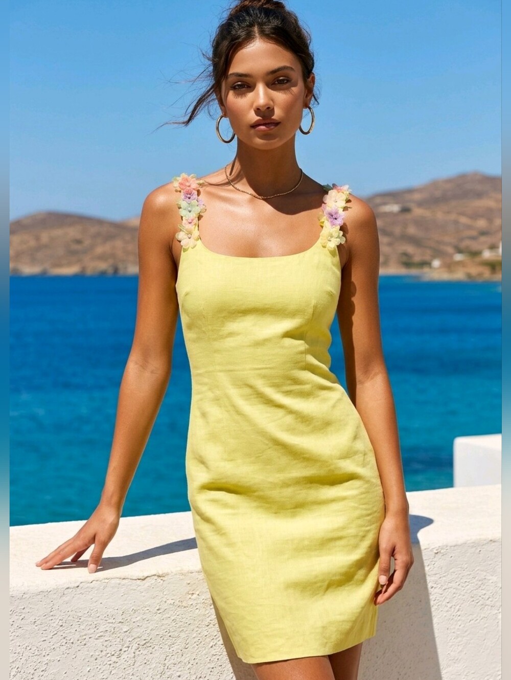 Vintage Althuser Linen-Blend Yellow Floral Strap Sundress 100% Linen Size 2